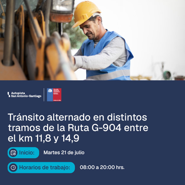 Tránsito alternado en Ruta G-904 entre los km 11,8 y 14,9