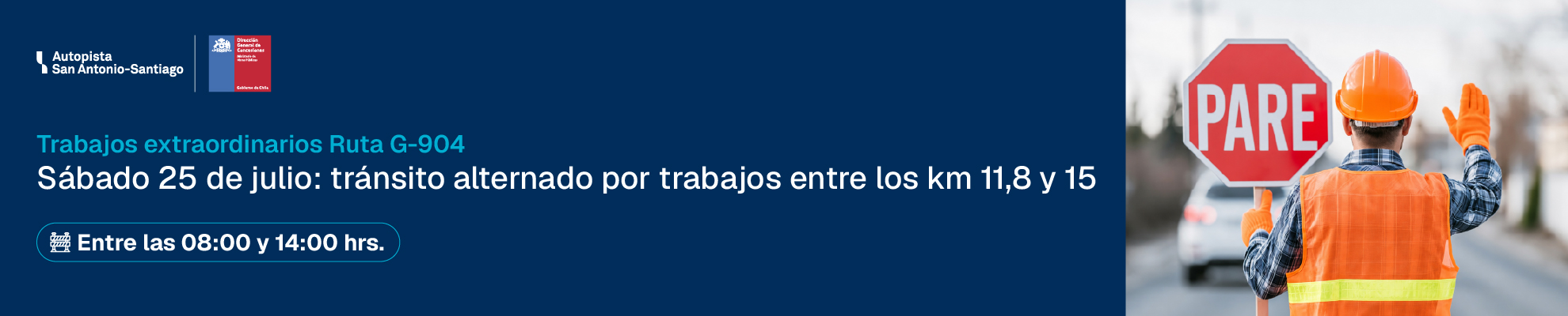 Trabajos extraordinarios con tránsito alternado en la Ruta G-904 entre los km 11,8 y 15 el sábado 25 de julio