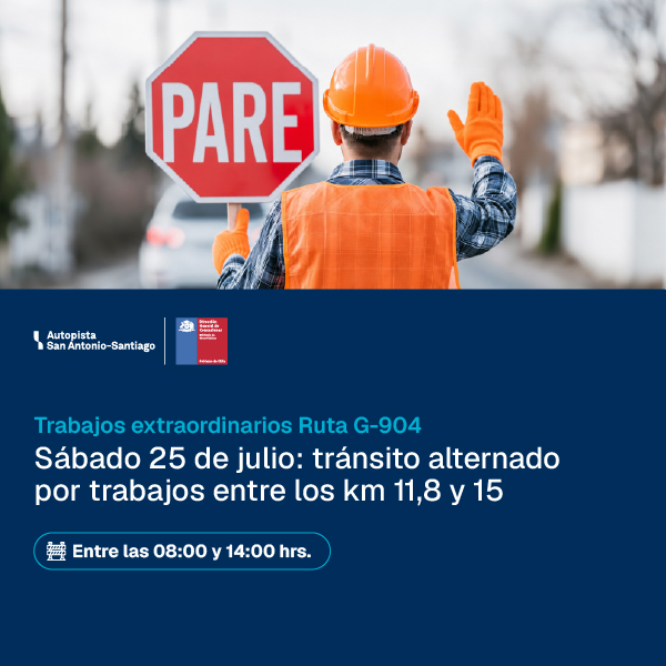 Trabajos extraordinarios con tránsito alternado en la Ruta G-904 entre los km 11,8 y 15 el sábado 25 de julio