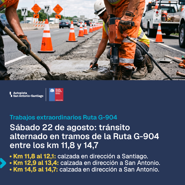 Tránsito alternado en tramos de la Ruta G-904 entre los km 11,8 y 14,7 el sábado 22 de agosto de 2026