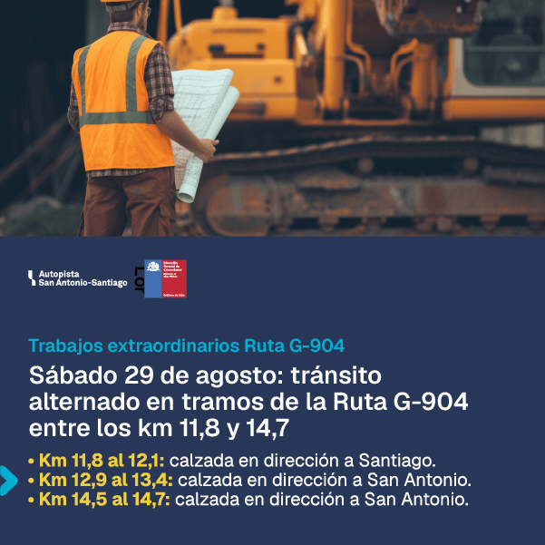 Tránsito alternado en tres tramos de la Ruta G-904 entre los km 11,8 y 14,7 el sábado 29 de agosto de 2026
