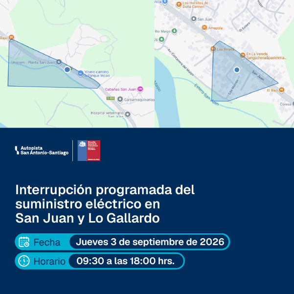 Interrupción programada del suministro eléctrico en San Juan y Lo Gallardo el jueves 3 de septiembre de 2026