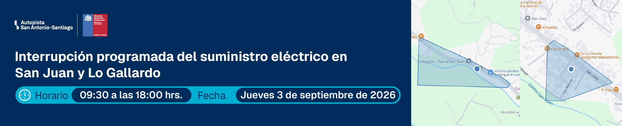 Interrupción programada del suministro eléctrico en San Juan y Lo Gallardo el jueves 3 de septiembre de 2026