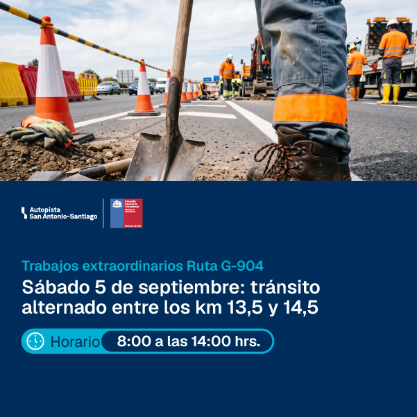 Tránsito alternado entre los kilómetros 13,5 y 14,5 de la Ruta G-904 el sábado 5 de septiembre de 2026