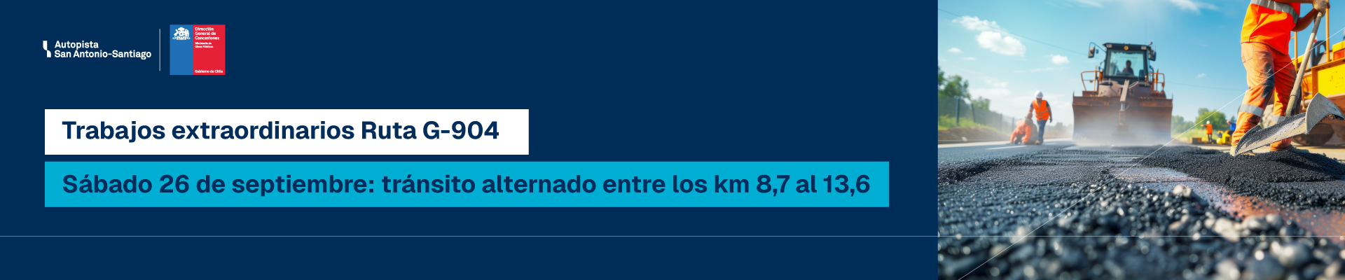 Tránsito alternado entre los kilómetros 8,7 y 13,6 de la Ruta G-904 el sábado 26 de septiembre de 2026