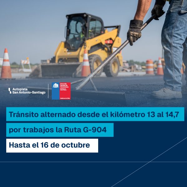 Tránsito alternado entre los kilómetros 13 y 14,7 de la Ruta G-904 hasta el 16 de octubre de 2026