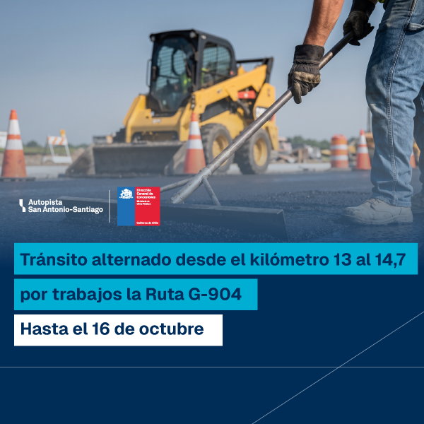 Tránsito alternado entre los kilómetros 13 y 14,7 de la Ruta G-904 hasta el 16 de octubre de 2026