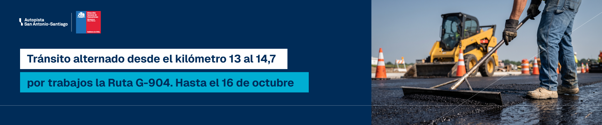 Tránsito alternado entre los kilómetros 13 y 14,7 de la Ruta G-904 hasta el 16 de octubre de 2026