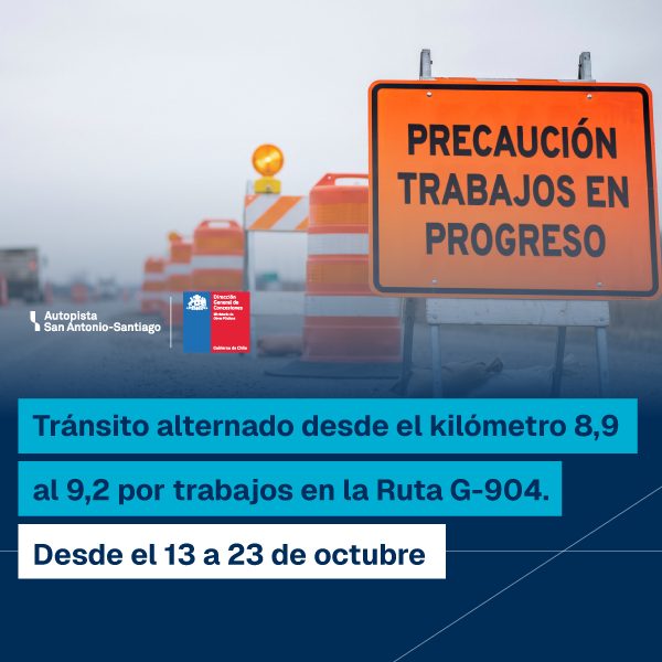 Tránsito alternado entre los kilómetros 8,9 y 9,2 de la Ruta G-904 entre el 13 y el 23 de octubre de 2026