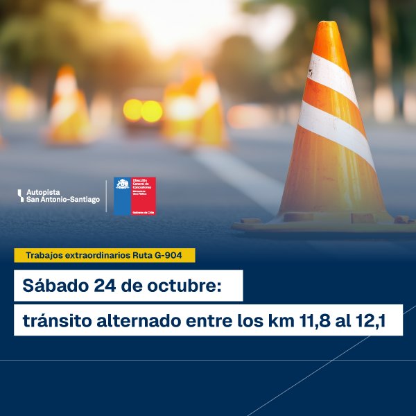 Tránsito alternado entre los kilómetros 11,8 y 12,1 de la Ruta G-904 el sábado 24 de octubre de 2026