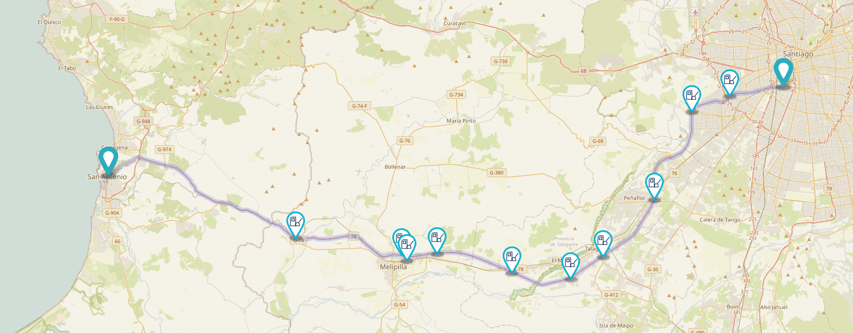 Mapa de la ruta, Autopista San Antonio - Santiago - ruta 78